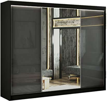 MargaretHadas24 Kleiderschrank Venus 250 cm inklusive 3 Schiebetüren mit Spiegel Kleiderstange Garderobe Schrank (schwarz, lacobel grau)
