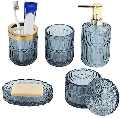 GAESHOW 5 Pièces Ensemble D'accessoires de Salle de Bain, Ensemble Salle de Bain Accessoire, Porte-Savon, Porte-Brosse à Dents, Distributeur de Savon et Gobelet Salle de Bain