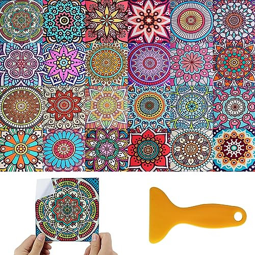 ZCYKJ Adesivi per piastrelle marocchine, 24 pezzi, quadrati, colorati, per cucina e bagno, impermeabili, 15 x 15 cm, adesivi per piastrelle in vinile, motivo mandala, adesivi per piastrelle