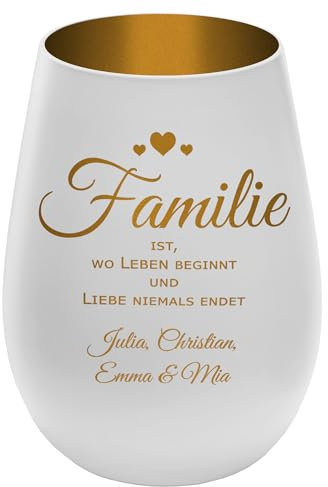 Windlicht mit Gravur Familie - personalisierbar mit Namen - Außen Weiß/Innen Gold - Höhe 12 cm - Teelichthalter Kerzenhalter Vornamen Familienmitglieder
