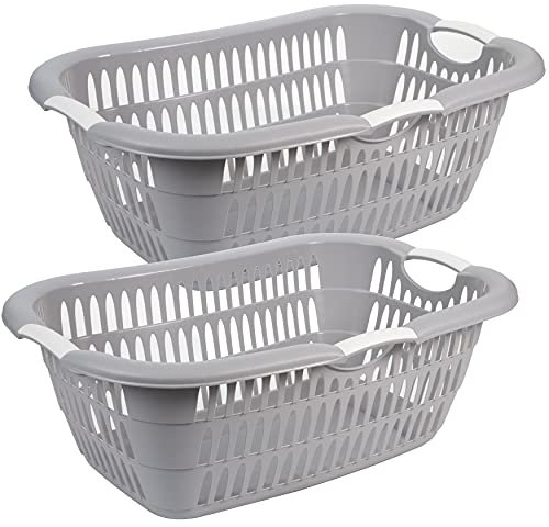 Wäschekorb PLastik XL, 2er Set Wäschewanne Groß 38 Liter mit ergonomische Griffe für Leichtes Tragen, 68 x 46 x 25 cm, Platzsparend & Vielseitig, Langlebig - Made in EU, grau