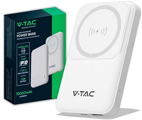 V-TAC Power Bank Magnétique Compatible avec MagSafe - 10 000 mAh - Charge Rapide PD 20 W - Batterie Externe pour Apple iPhone 12/13/14/15 / Mini/Pro/Max - Blanc