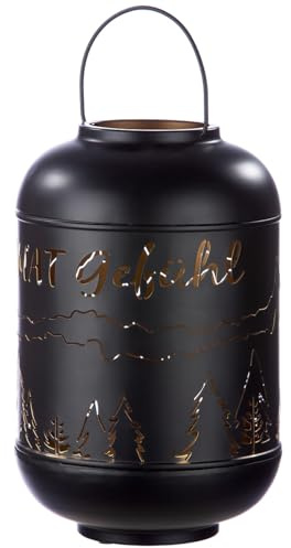 GILDE Deko Windlicht Laterne mit Griff - Scherenschnitt Wald Dekoration Schriftzug Heimat Gefühl - Winter Deko Weihnachten - Farbe schwarz, innen goldfaben Höhe 37 cm
