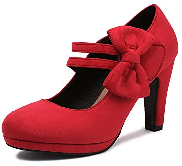 elerhythm Escarpins Mary Jane à Talons avec Nœud Rétro Bout Rond Fermé en Daim Chic Fliege Vintage Chaussures (Rouge EU41)