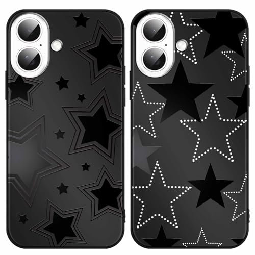 Foonary 2 Pack Black Print Phone Case Compatible with iPhone 16 6.1, Slim Soft Silicone with Fashion Star Design Aesthetics Pattern Cases, Shockproof Bumper Protector Cover for iPhone 16