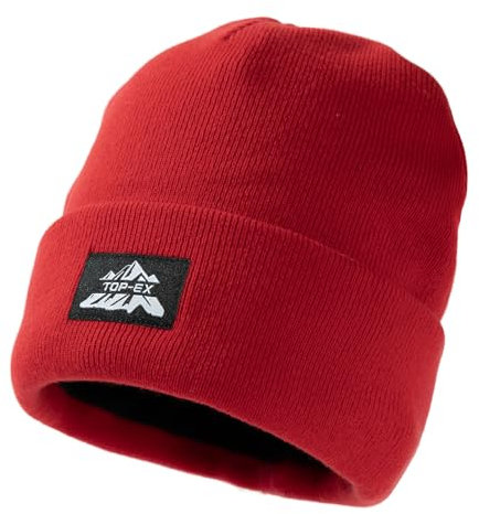 TOP-EX Großer Kopf 100% Merinowolle Strickmütze Herren Damen Fleece Wintermütze Warme Winddicht Atmungsaktiv Mütze Beanie für Running Ski Wandern Rot XL XXL