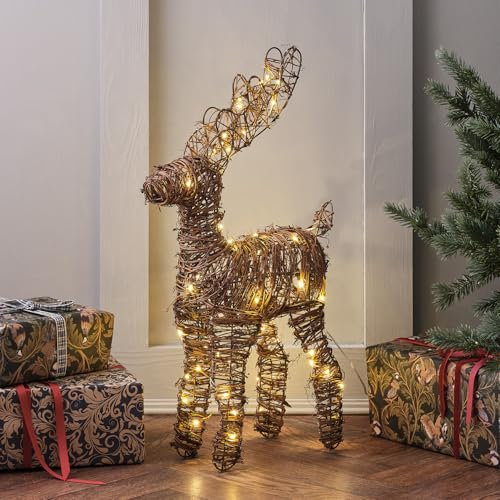 Lights4fun Christmas Indoor Light Up Rattan Reindeer Figure Decoration Warm White LED Battery Operated with Timer 55cm