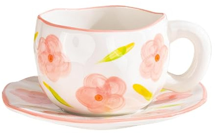 Juego de taza de café de cerámica con platillo, juego de taza de té y platillo,Juegos de tazas y platillos de forma irregular | Taza de café con flores, cuerpo ancho de taza, diseño lindo y creativo p