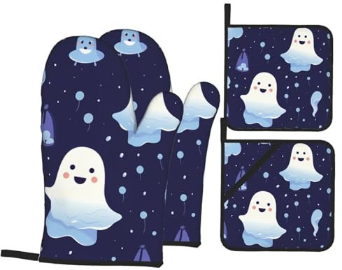 HYTTER Cute Ghost Halloween Picture Oven Mitts and Pot Holders Sets for Kitchen Baking - Insulated, Thick, Durable, and Anti-Scalding