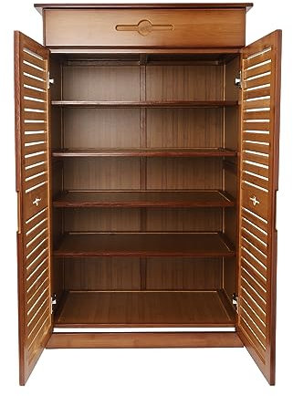 Desnysmf Retro Shoe Storage Cabinet, Storage Shelf Unit Cabinet Entryway, 5 Tier Dustproof Shoe Rack Cabinet Organiser Bamboo Shelf with 1 Drawer and 2 Doors,Recessed Handles, 66x33.5x102cm, Brown