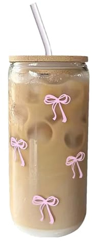 lvgvhbjas Glass Coffee Cups with Lids and Straw - 500ml Bow Cup | Drinking Jar,for Iced Coffee Cocktail Matcha Tea Drinking Water Bar Home Kitchen Girls