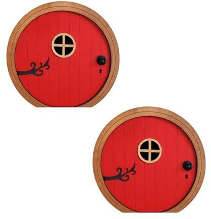 2 rote Feen-Gartentüren für Bäume, Feentüren für Bäume im Freien und Baumstamm, Mini-Feengarten-Skulptur, Rasen-Ornament, Dekoration, Märchen-Tür-Dekoration