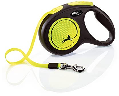 flexi® Neon M Gurt 5 m schwarz, neon-gelber Gurt, reflektierende Seitenfläche, Roll-Leine für Hunde bis 25 kg
