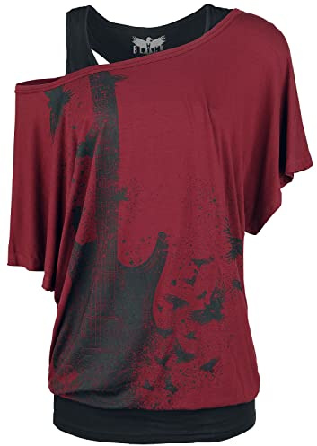 Black Premium by EMP Damen schwarz-rotes T-Shirt im Double-Layer-Look mit Gitarren-Print