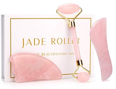 NewL Gesichtsmassage, 3 Stück Royal Jade Roller, Natürlicher Rosenquarz Anti-Aging-Werkzeuge für Gesicht Hals Auge Körper mit Box