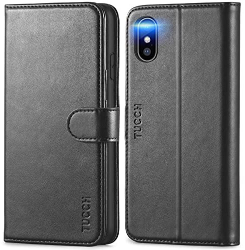 TUCCH Hülle für iPhone XS Max, Stoßfeste Handyhülle [RFID-Sperrung Schutz] [Kartenfach] [Standfunktion] [Magnet], TPU Schutzhülle Case Kompatibel für iPhone XS Max 6,5 Schwarz
