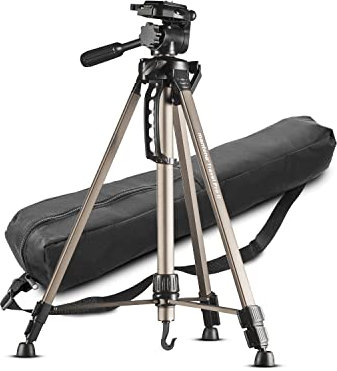 Mantona Basic Travel Pro II Fotostativ –leichtes und kompaktes Aluminium Dreibein Videostativ mit Schnellwechselplatte, Höhe 55 bis 146 cm, Traglast 3 kg, leichte 1,07 kg, Bronze, mit Tasche