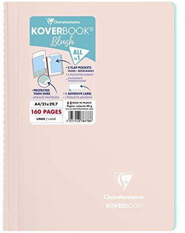 Clairefontaine 376778C Spiralblock Koverbook Blush, DIN A4, 21 x 29,7cm, 80 Blatt, liniert, 1 Stück, Rosa Perlmutt / Minzgrün