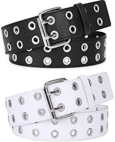 Doppeltülle, PU-Leder, Gürtel für Damen/Herren, Punk, Metall, Jeans, 2 Löcher, Breite: 3,8 cm, 2 Stück Gr. S:Hosen 56/89 cm, 01-schwarz + weiß