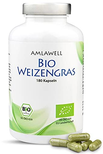 AMLAWELL Bio Weizengras Kapseln – 180 Stück Bio Weizengraskapseln glutenfrei mit wertvollen Vitaminen, Spurenelementen, Mineralstoffe