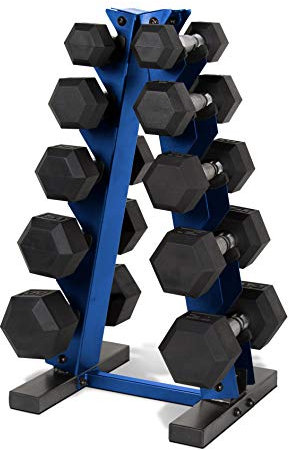 Cap Barbell 150 LB Coated Hex Dumbbell Set with A-Frame Rack, Blue