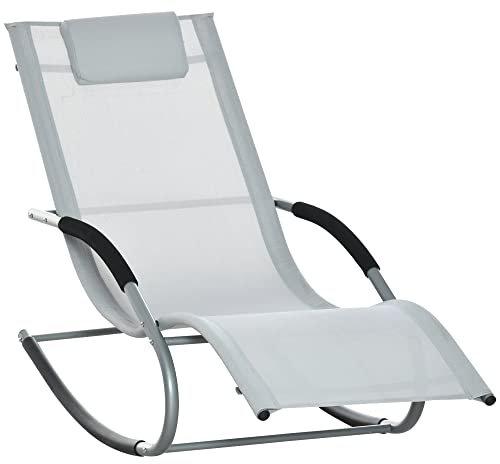 Outsunny Mecedora de Jardín Tumbona Mecedora con Reposacabezas Reposabrazos y Marco Metálico Carga 120 kg para Playa Patio Terraza 63x144x84 cm Gris
