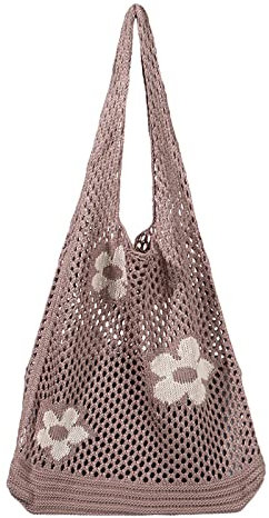 Ovida Häkel-Einkaufstasche Mesh Strandtasche Fairycore Hobo Bag Fairy Grunge Ästhetische Umhängetasche Y2k Geldbörse für Frauen Mädchen, A-khaki Blume, Einheitsgröße