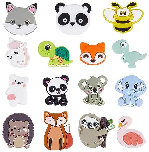 SUNNYCLUE 1 scatola 15 pezzi Perline In Silicone Animale Carino Perline Focali In Silicone Sfuse Perline Grandi Unicorno Miele Ape Volpe Panda Perline Grosse Fenicottero Orso Perline In Gomma per Penn