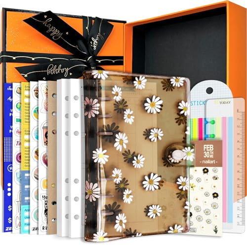 A6/A5 6 Löcher, bunter PVC-Einband, runder Ringordner mit Schnappverschluss, Loseblattordner, persönlicher Organizer (Black Daisy, A6 Gift Box)
