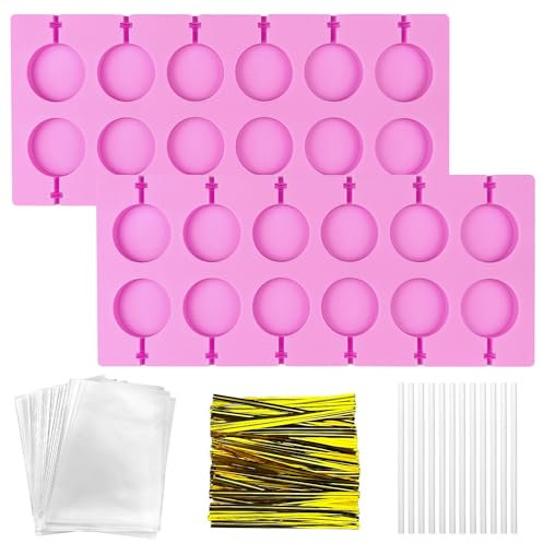 2 Pièces Moules à Sucettes en Silicone, Moule à Sucettes avec Sachets Bonbons Bâtonnets Bonbons Attaches, Moule à Sucette en Silicone, Moules en Silicone pour Sucette Convient aux Biscuits Chocolat