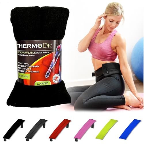 ThermoDR Wheat Bags Microwavable Heat Pack - Body Wrap Microwave Unscented Heat Pad with UK Cleaned Wheat for Body Discomfort, Back, Shoulder, Stomach & Neck with Elasticated Straps - Black