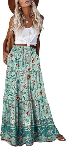 EARKOHA Womens Casual High Waist Tiered Paisley Print Long Maxi Skirt with Pockets
