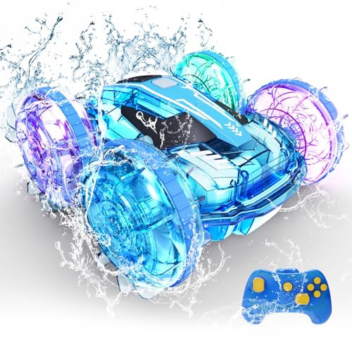 Tecnock Coche Anfibio teledirigido para niños, 4WD RC Stunt Auto con 60 min de Tiempo de reproducción, 2,4 GHz RC Coches con Mando a Distancia Resistente al Agua, Regalos LED para niños (sin Reloj)