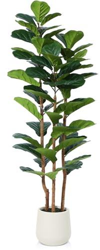 OAKRED Artificial Fiddle Leaf Fig Tree with White Planter,5ft Tall Fake Tree with Natural Wood Trunk for Home Decor, Faux Ficus Tree Fake Moss for Indoor Office Living Room