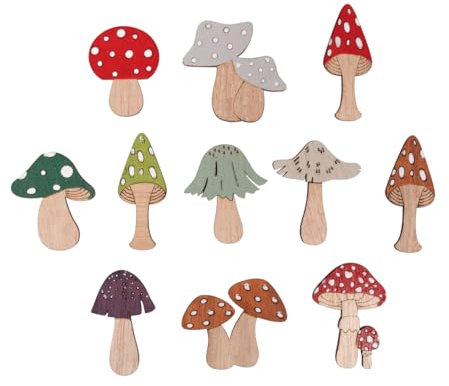 Rayher Holz Streuteile Pilze, bunt, 3,2 - 4,5 cm, Beutel 11 Stück, mit Klebepunkt, FSC zertifiziert, Tischstreuer, Tischdeko, Streudeko Herbst, 46766000