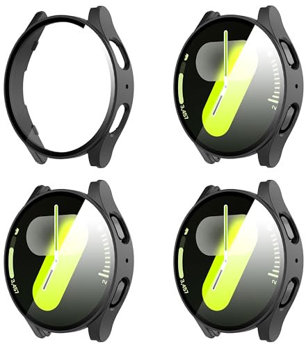 Diruite 4 Pezzi Custodia per Samsung Galaxy Watch 7 44mm Pellicola Protettiva,Ultra Sottile HD Vetro Temperato Resistente Graffi PC Protezione Cover,Nero&Nero&Nero&Nero,44mm