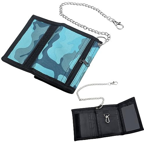 BRISKORE Geldbeutel Kinder Slim Geldbörse Jungen Blau Portmonee Kinder mit Kette Clip Reißverschluss Faltbare Dreifache Kinder Portemonnaie Kindergeldbeutel Jungs Wallet für Teenager Jungen Herren