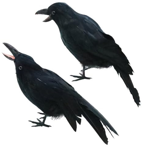 2 Stück Halloween-Dekoration Realistische Halloween-Krähe 24,1cm Und 24,9cm Große Schwarze Gefiederte Stehende Krähen Für Halloween-Dekoration Vögel Gruselige Lebensechte Gefälschte Raben-Dekoration H