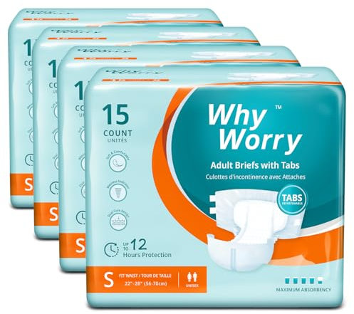 WhyWorry Windeln für Erwachsene, Inkontinenz Slip für Frauen und Männer, Erwachsenen Windel mit maximale Saugfähigkeit, Auslaufschutz über Nacht, Unisex, Größe S, 60 Stück (4 Packungen von 15)