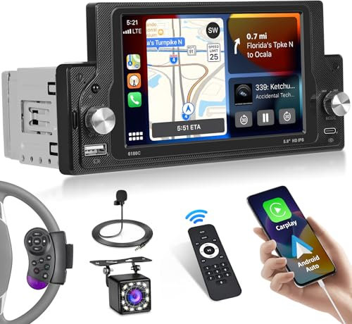 Ohradio Autoradio 1 Din con CarPlay & Android Auto, Stereo Auto Bluetooth con Schermo Touchscreen IPS da 5,9 Pollici, Radio Auto con Radio FM/RDS USB Type-C SWC Mirror Link Camera di Retromarcia
