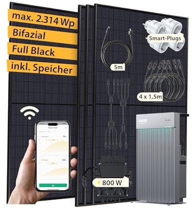 VALE Balkonkraftwerk Bifazial 1.780 Wp Full Black - 800 Watt APsystems Wechselrichter - AIO 2400 Solarbatterie - Solarpanel Set mit Speicher - 5m AC-Kabel
