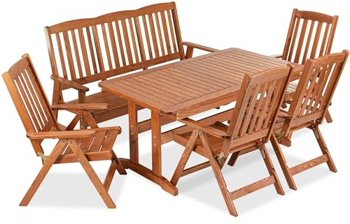 konsimo Garten-Essgruppe ALCES Gartenmöbel-Set aus Massivholz - (4X Stuhl, 1x Tisch, 1x Sofa), handgefertigt, Kiefernholz, FSC-Zertifiziert, hergestellt in der EU