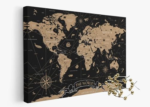 framed concept | Carte du monde avec épingles | décoration murale faite à la main avec 50 épingles dorées | idée cadeau originale