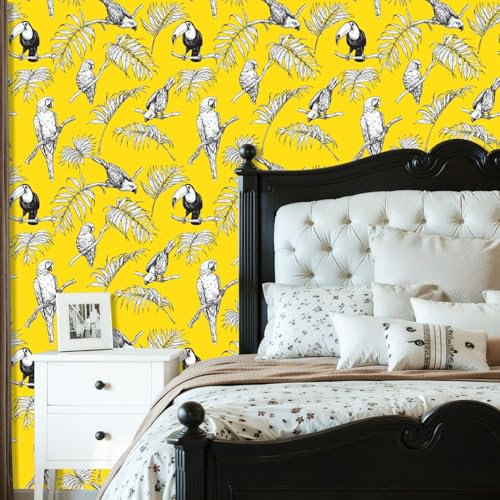 Peel and Stick Wallpaper Hand drawn seamless tropical birds palm fronds orange Black white Removable Wallpaper Contact Paper for Living Room Bedroom Bathroom Kitchen Countertop 45cm x 300cm