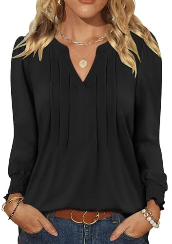 Rapbin Bluse Damen Langarmshirt V Ausschnit Oberteil Elegant Top Schwarz XL