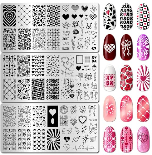 arriettycraft Valentinstag-Nagelkunst-Stempelplatten Set mit 3 Stück – Herzen, Schleifen, XOXO, Lippen & Liebe Designs Stempelschablone für niedliche und romantische Nagelkunst, DIY-Maniküre