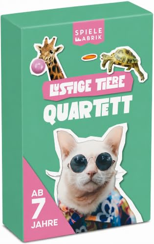 Spielefabrik® Lustige Tiere Quartett | Tierquartett & Trumpf Quartett Kartenspiel für Kinder ab 7 Jahre | Lernspiel mit 32 Tierkarten, Tierwissen & witzigen Tierfotos | Geschenk & Mitbringspiel