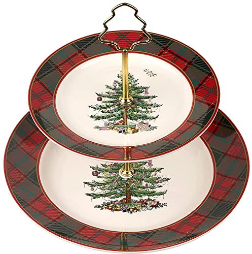Spode - Christmas Tree Collection - Tartan 2 Tiered Server - Upper Plate 8 Lower Plate 10 - Dishwasher, Microwave, and Freezer Safe