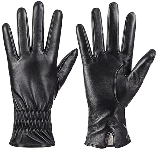 Damen Echtes Schafsleder Handschuhe, Winter Warm Touchscreen Texting Kaschmir gefüttert Fahren Motorrad Kleid Handschuhe （Schwarz, XL）