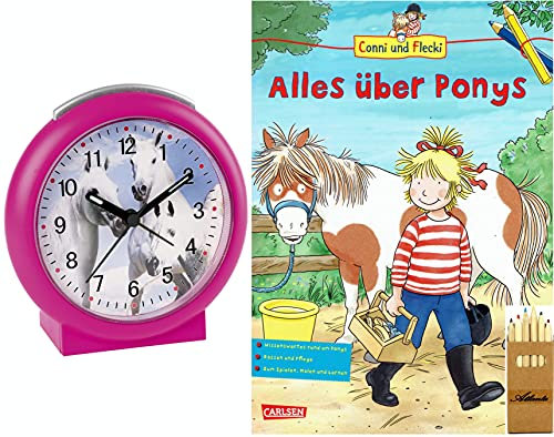 Kinderwecker Ohne Ticken Rosa 11cm Pferde mit Buch Conni Alles über Ponys - 2121/8 BUBS